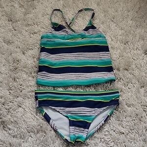 Old Navy Kids Bikini Set - Navy, Teal, and White Stripes Size 6/7